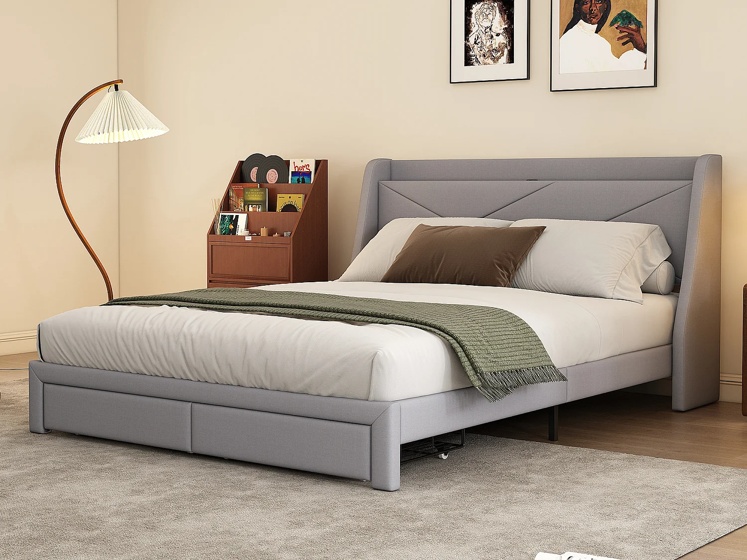 Gestoffeerd bed 140 x 200 cm met opberghoofdeinde en 2 laden - USB-aansluiting - Lattenbodem - Grijs