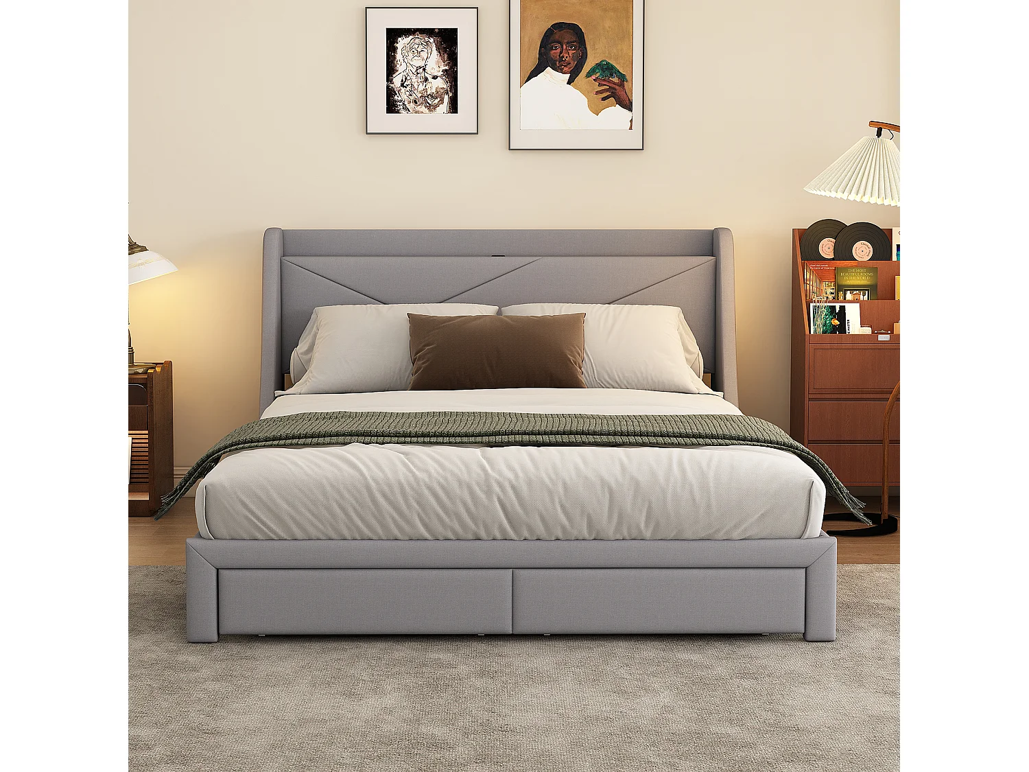 Gestoffeerd bed 140 x 200 cm met opberghoofdeinde en 2 laden - USB-aansluiting - Lattenbodem - Grijs