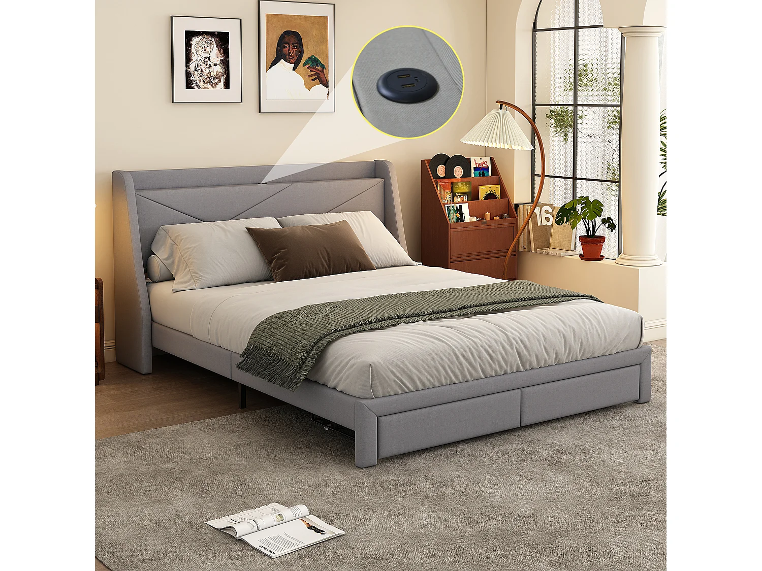 Gestoffeerd bed 140 x 200 cm met opberghoofdeinde en 2 laden - USB-aansluiting - Lattenbodem - Grijs