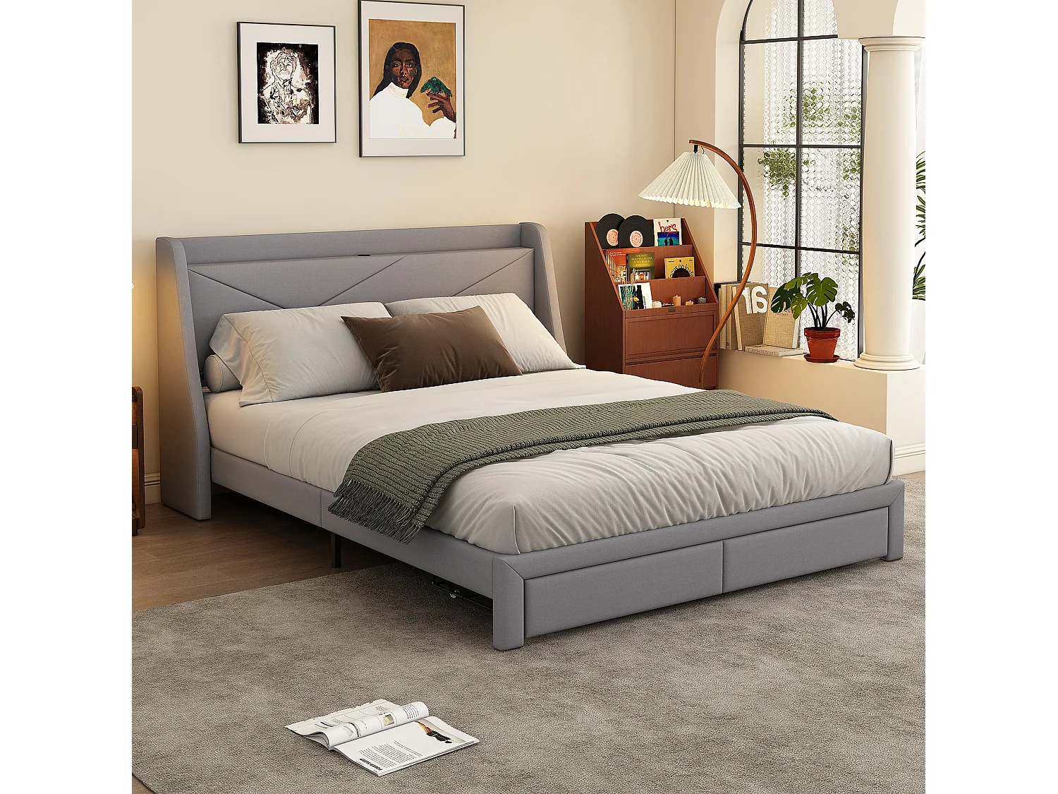 Gestoffeerd bed 140 x 200 cm met opberghoofdeinde en 2 laden - USB-aansluiting - Lattenbodem - Grijs