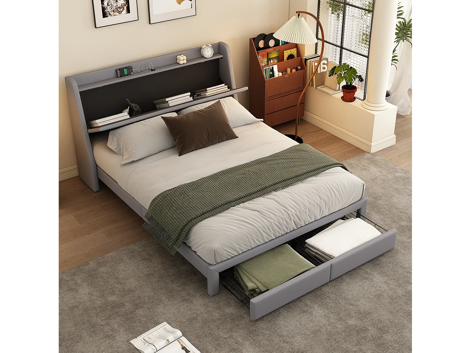 Gestoffeerd bed 140 x 200 cm met opberghoofdeinde en 2 laden - USB-aansluiting - Lattenbodem - Grijs