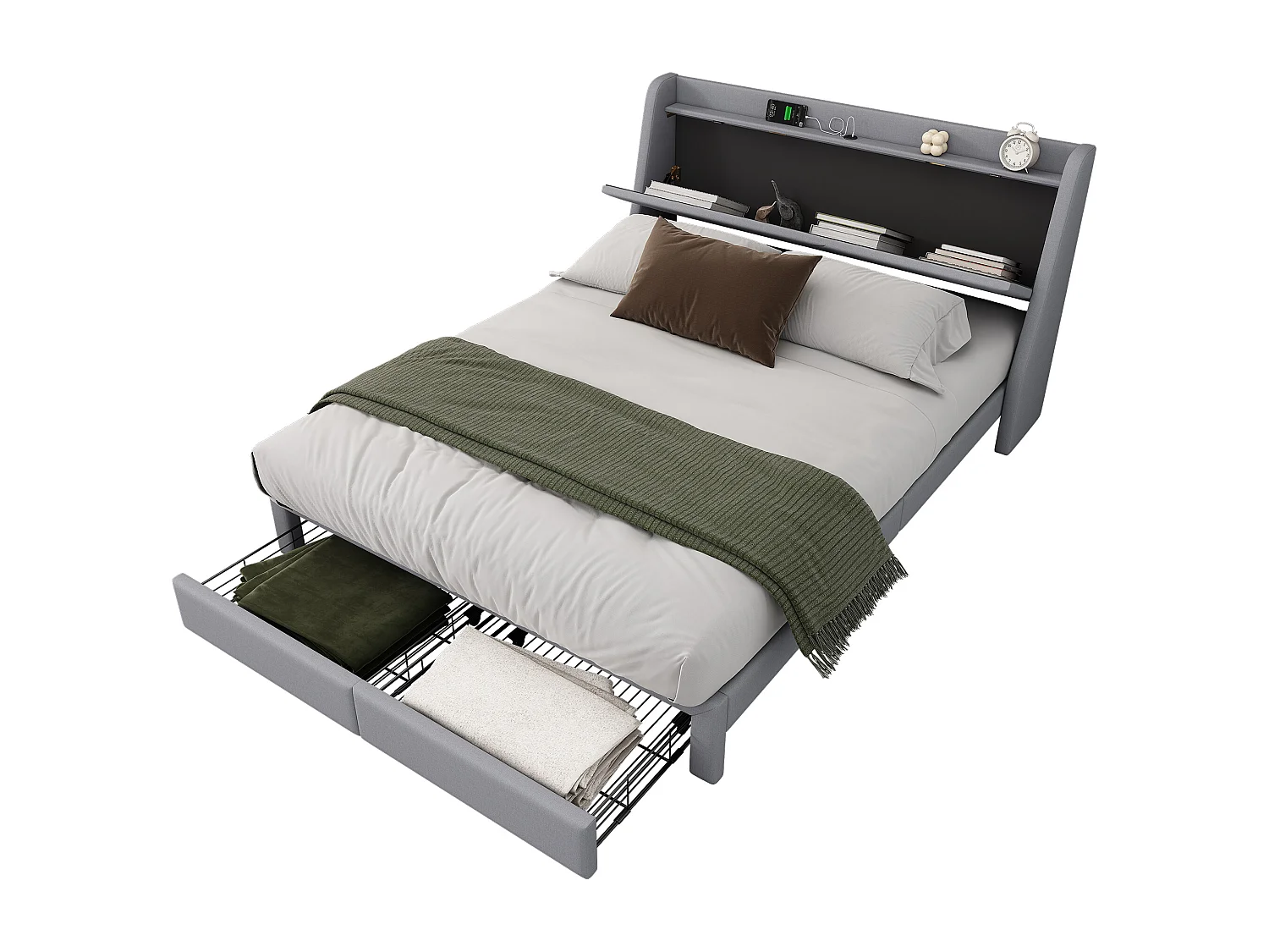 Gestoffeerd bed 140 x 200 cm met opberghoofdeinde en 2 laden - USB-aansluiting - Lattenbodem - Grijs