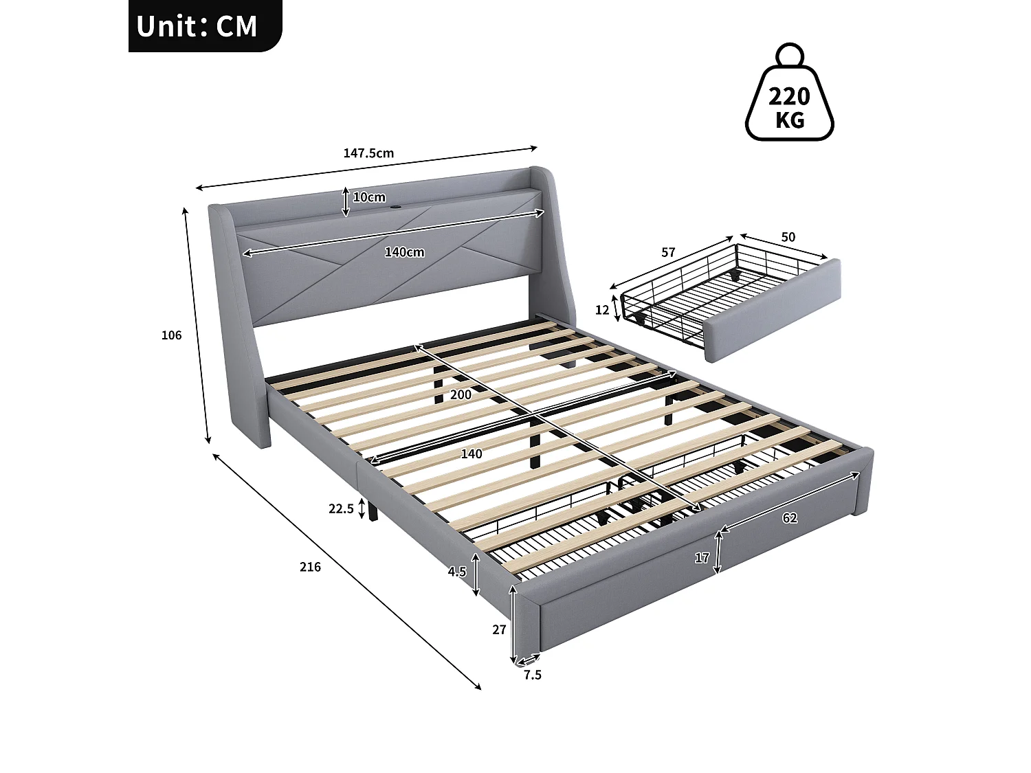 Gestoffeerd bed 140 x 200 cm met opberghoofdeinde en 2 laden - USB-aansluiting - Lattenbodem - Grijs