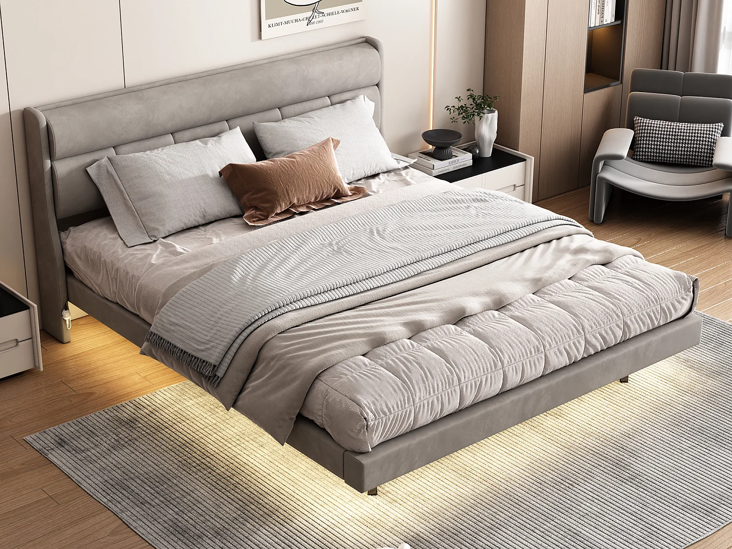Lit capitonné 180 x 200 cm, lit flottant, Velours et bois MDF, LEDs, Sommier à lattes, Gris
