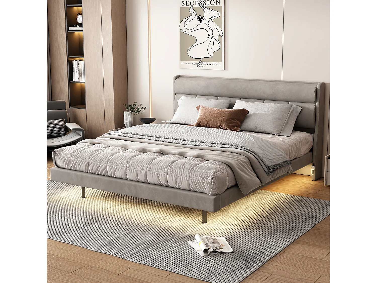 Lit capitonné 180 x 200 cm, lit flottant, Velours et bois MDF, LEDs, Sommier à lattes, Gris