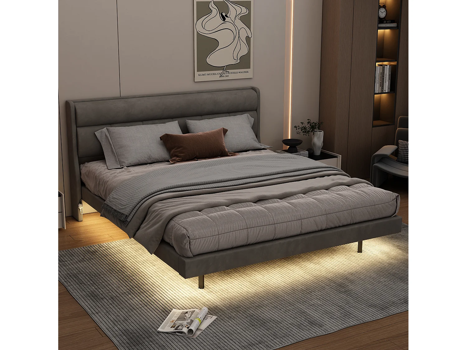 Lit capitonné 180 x 200 cm, lit flottant, Velours et bois MDF, LEDs, Sommier à lattes, Gris