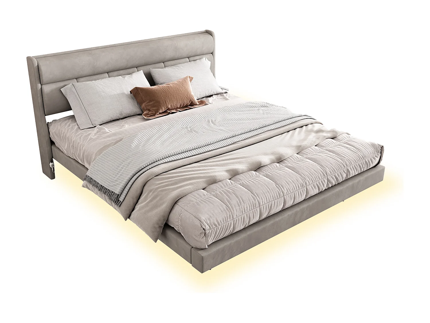 Lit capitonné 180 x 200 cm, lit flottant, Velours et bois MDF, LEDs, Sommier à lattes, Gris