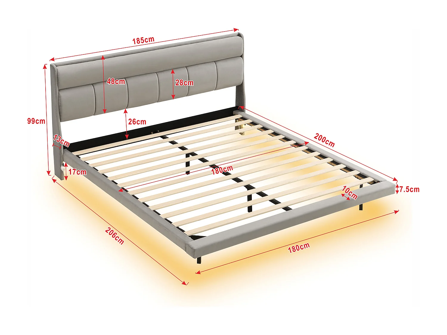 Lit capitonné 180 x 200 cm, lit flottant, Velours et bois MDF, LEDs, Sommier à lattes, Gris