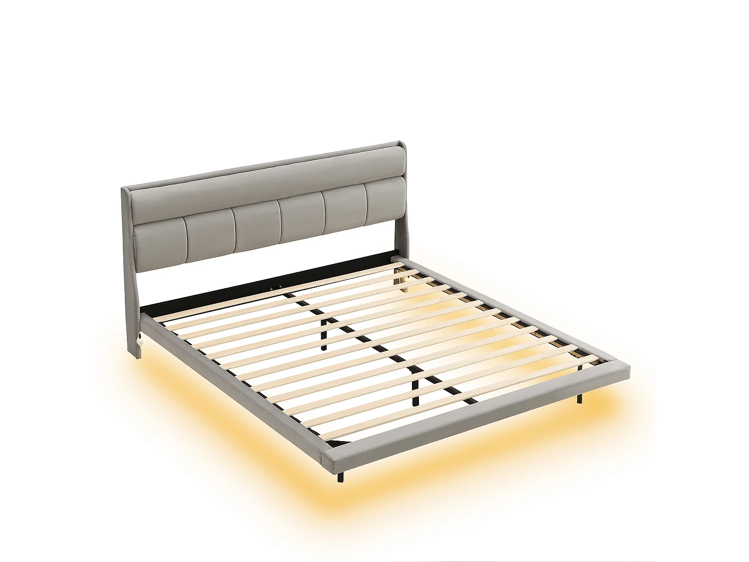 Lit capitonné 180 x 200 cm, lit flottant, Velours et bois MDF, LEDs, Sommier à lattes, Gris