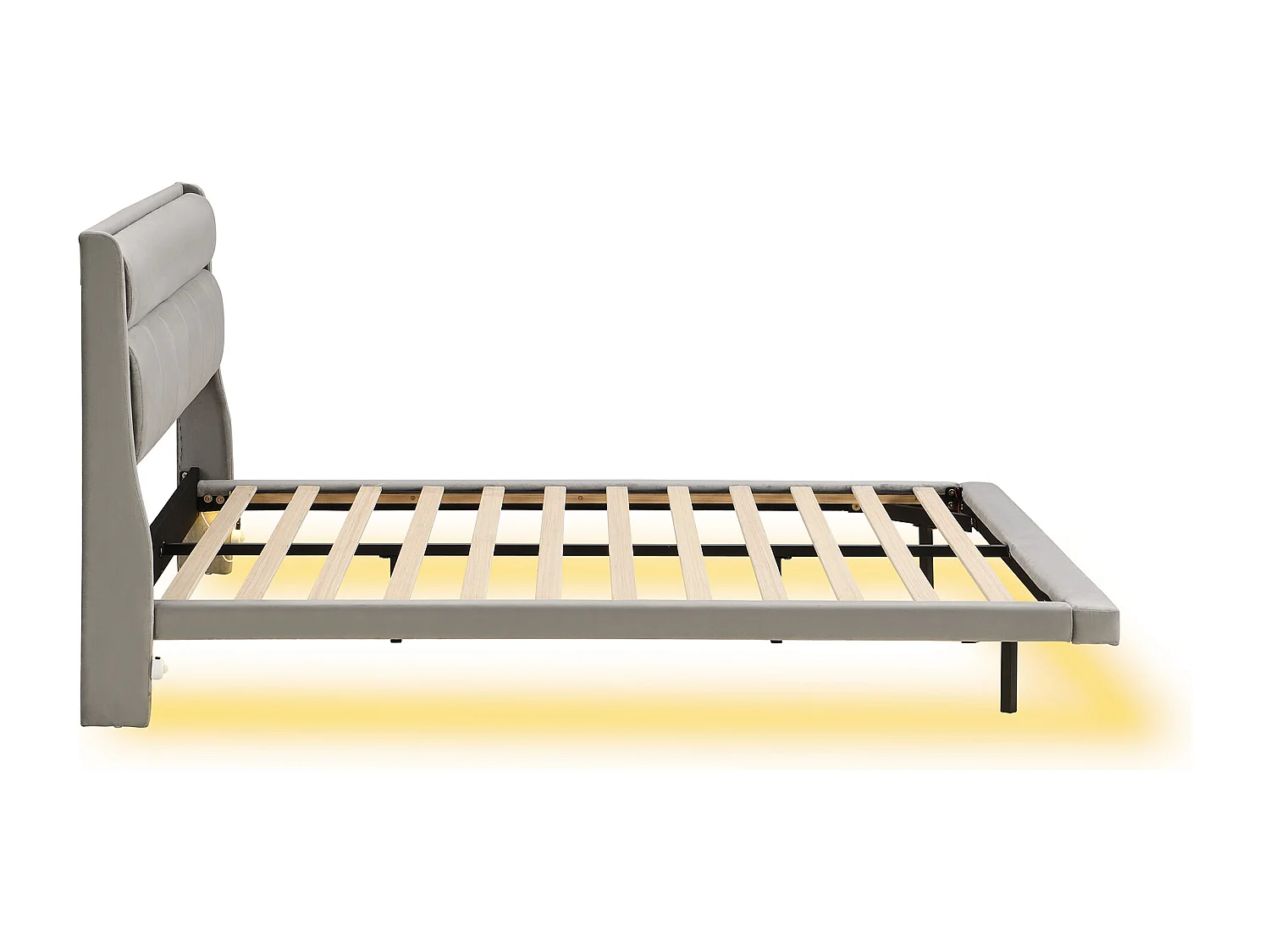 Lit capitonné 180 x 200 cm, lit flottant, Velours et bois MDF, LEDs, Sommier à lattes, Gris