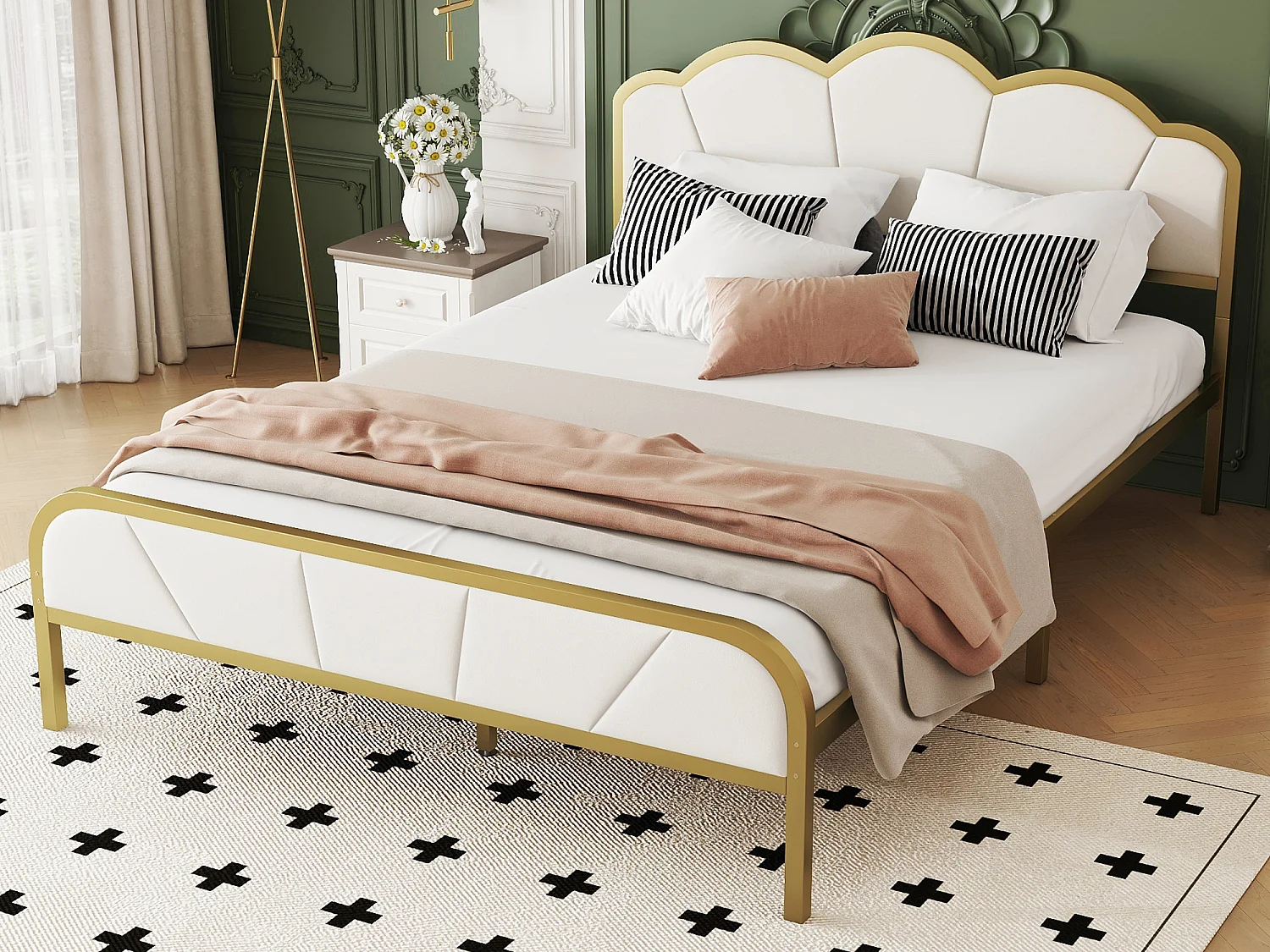 Lit 140 x 200 cm en métal - motif en forme de nuage - cadre doré - or + blanc