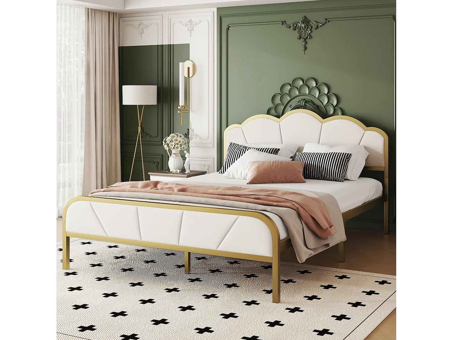 Lit 140 x 200 cm en métal - motif en forme de nuage - cadre doré - or + blanc