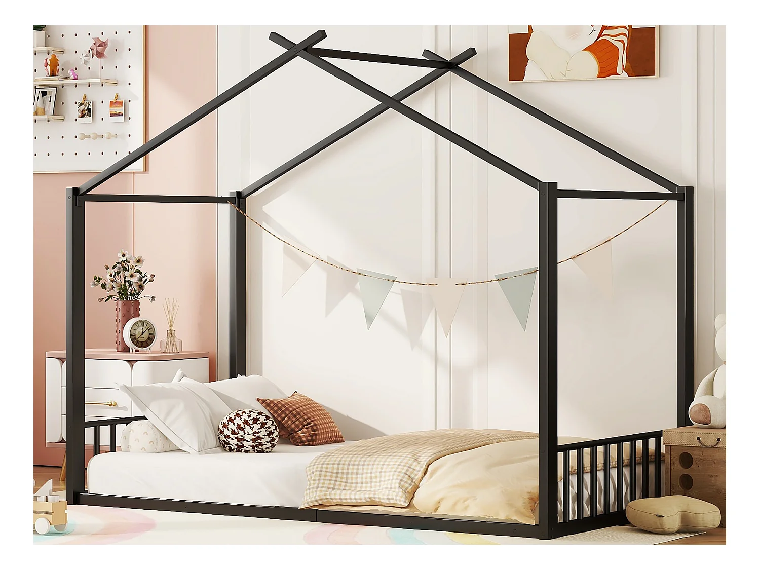 Lit cabane 90 x 200 cm - lit enfant - métal - sommier à lattes - noir