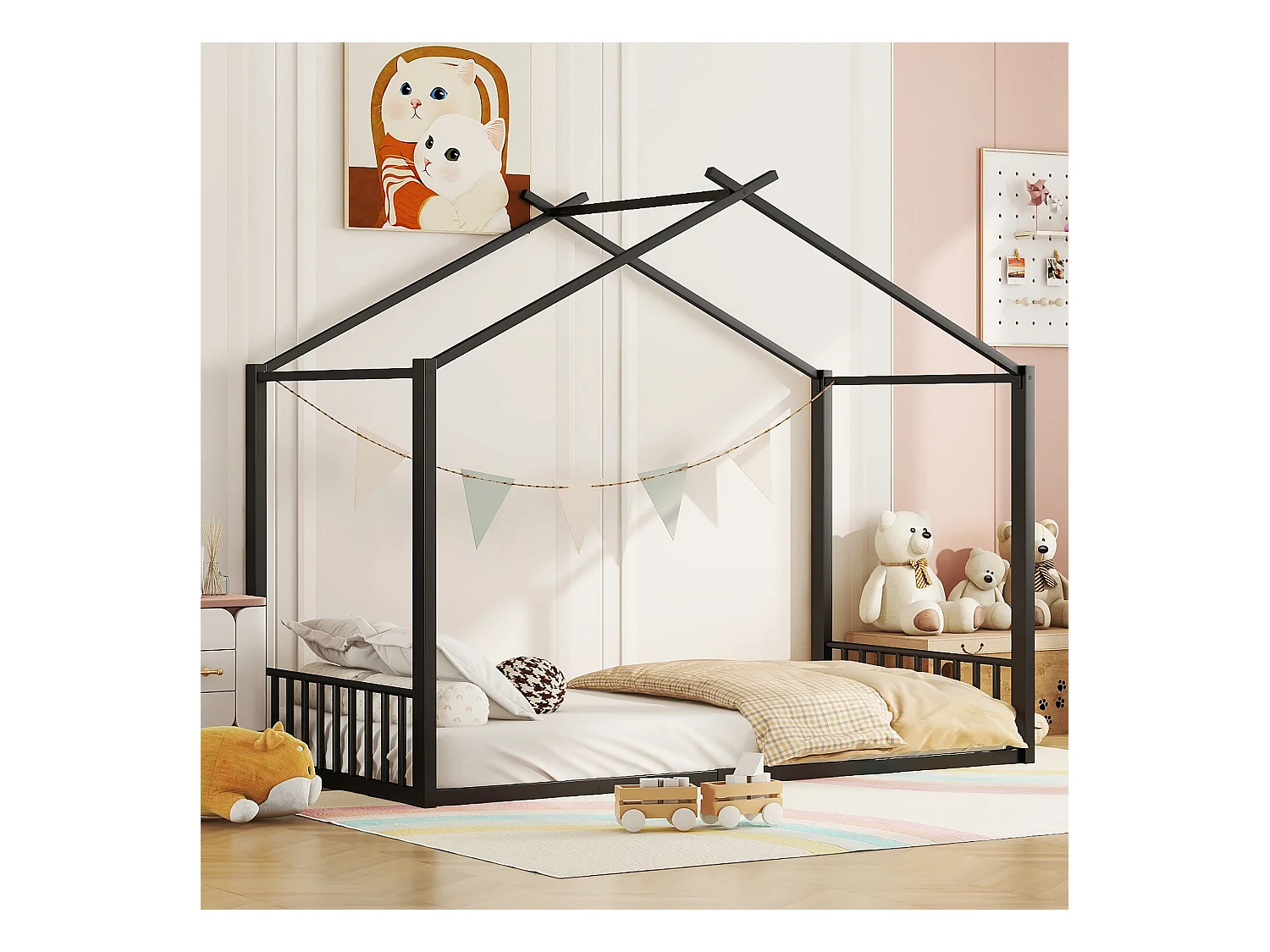 Lit cabane 90 x 200 cm - lit enfant - métal - sommier à lattes - noir
