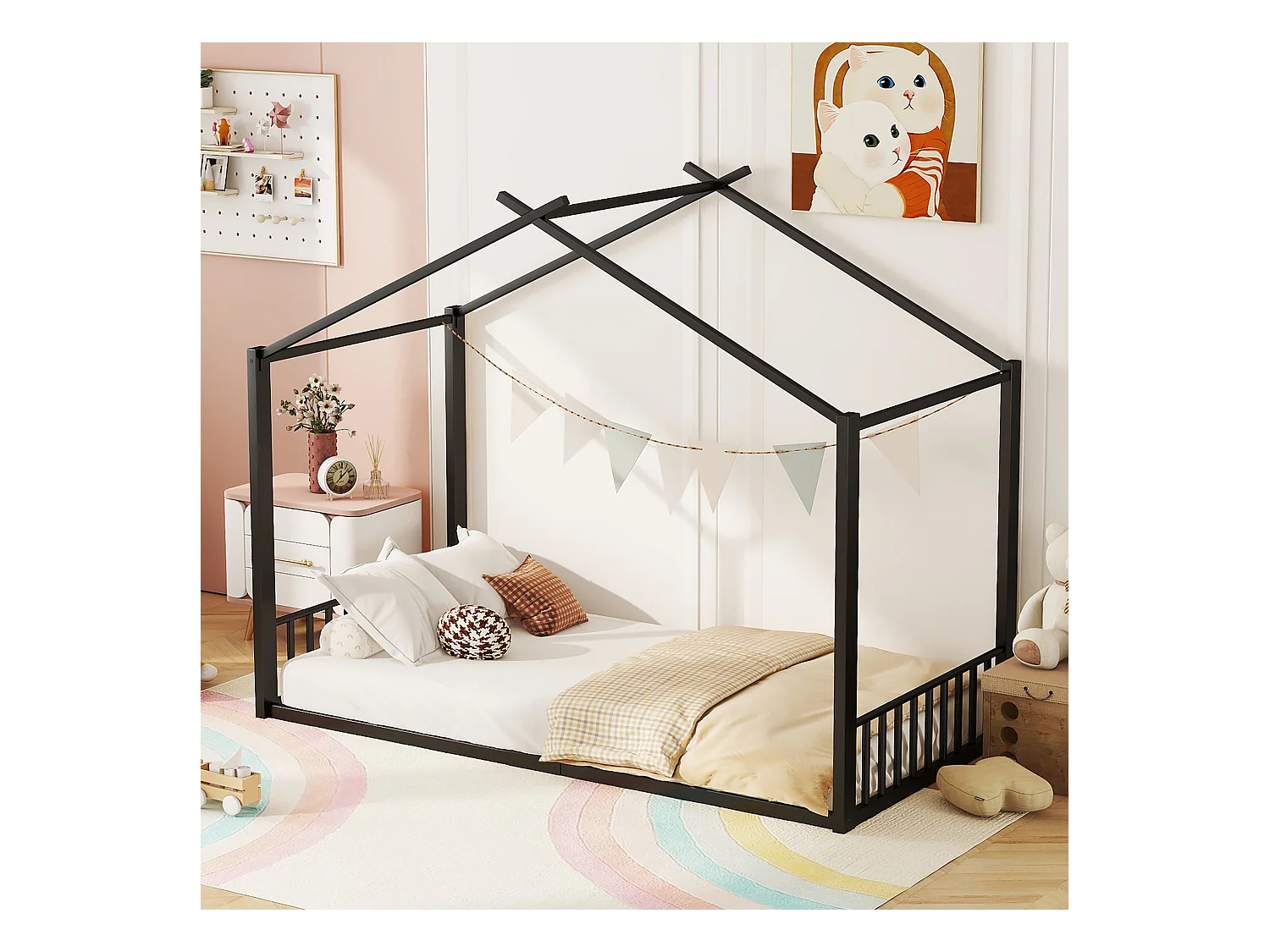 Lit cabane 90 x 200 cm - lit enfant - métal - sommier à lattes - noir