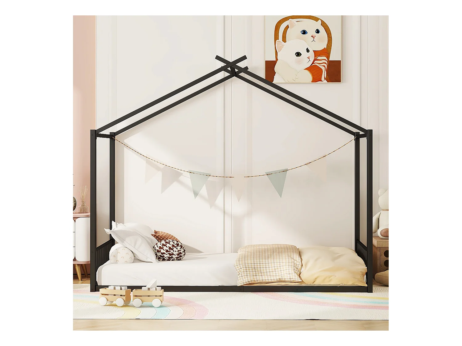 Lit cabane 90 x 200 cm - lit enfant - métal - sommier à lattes - noir