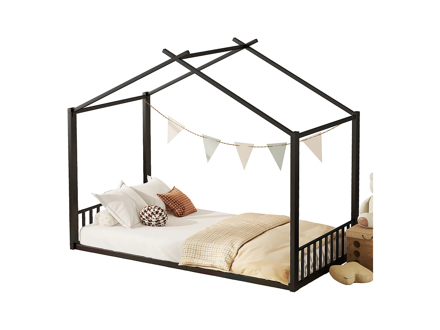 Lit cabane 90 x 200 cm - lit enfant - métal - sommier à lattes - noir
