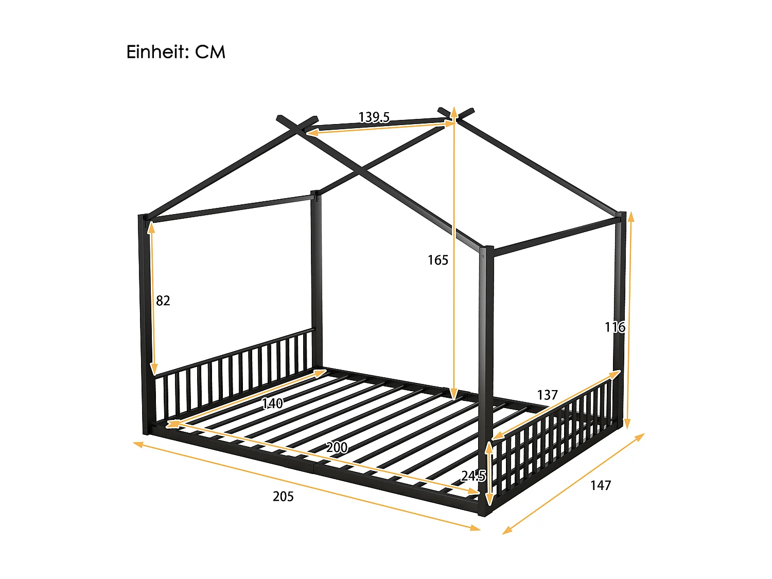 Cama cabina 140 x 200 cm con cabecero - cama infantil - metal - somier de láminas - negro