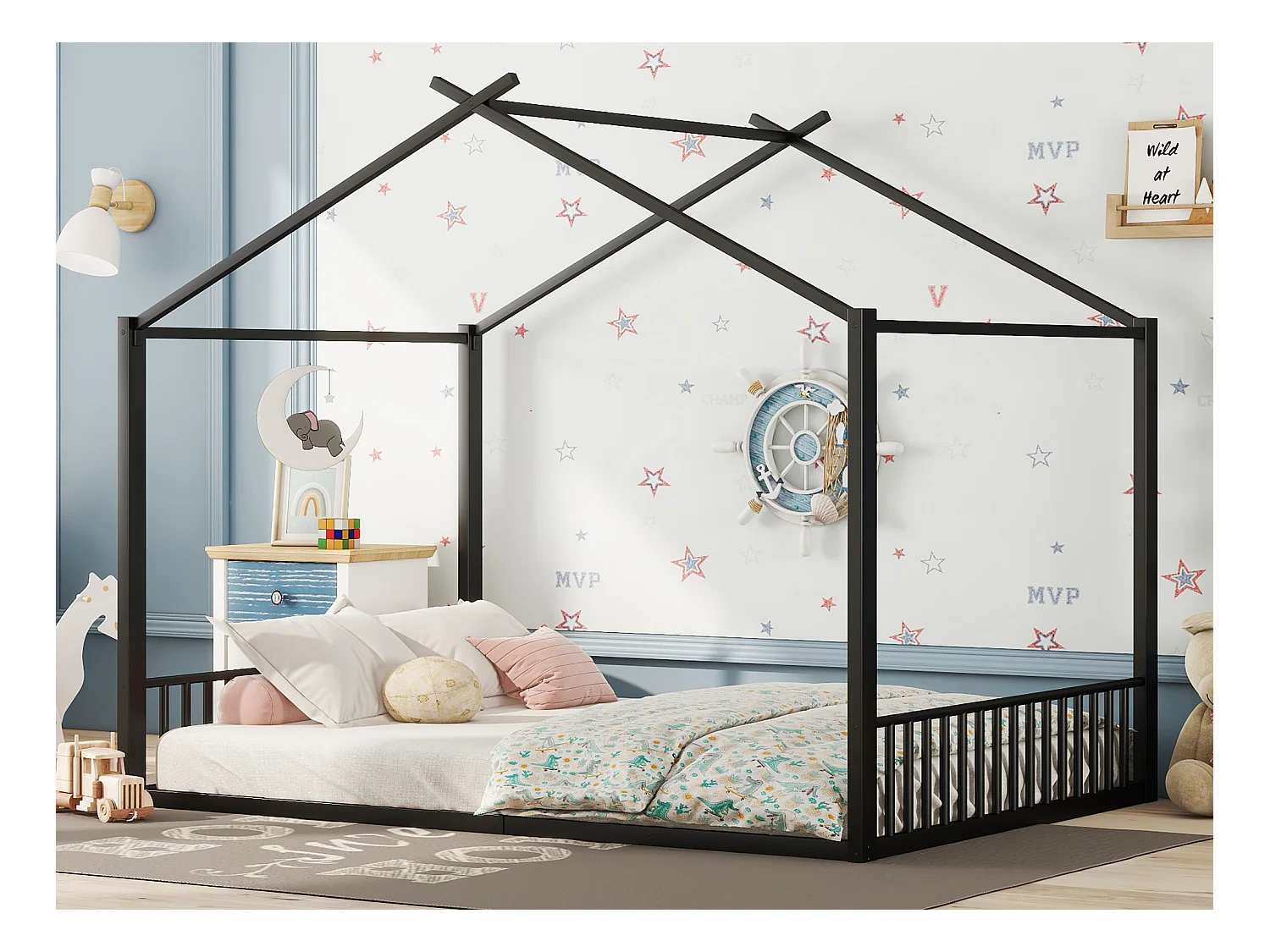 Lit cabane 140 x 200 cm avec tête de lit - lit enfant - métal - sommier à lattes - noir