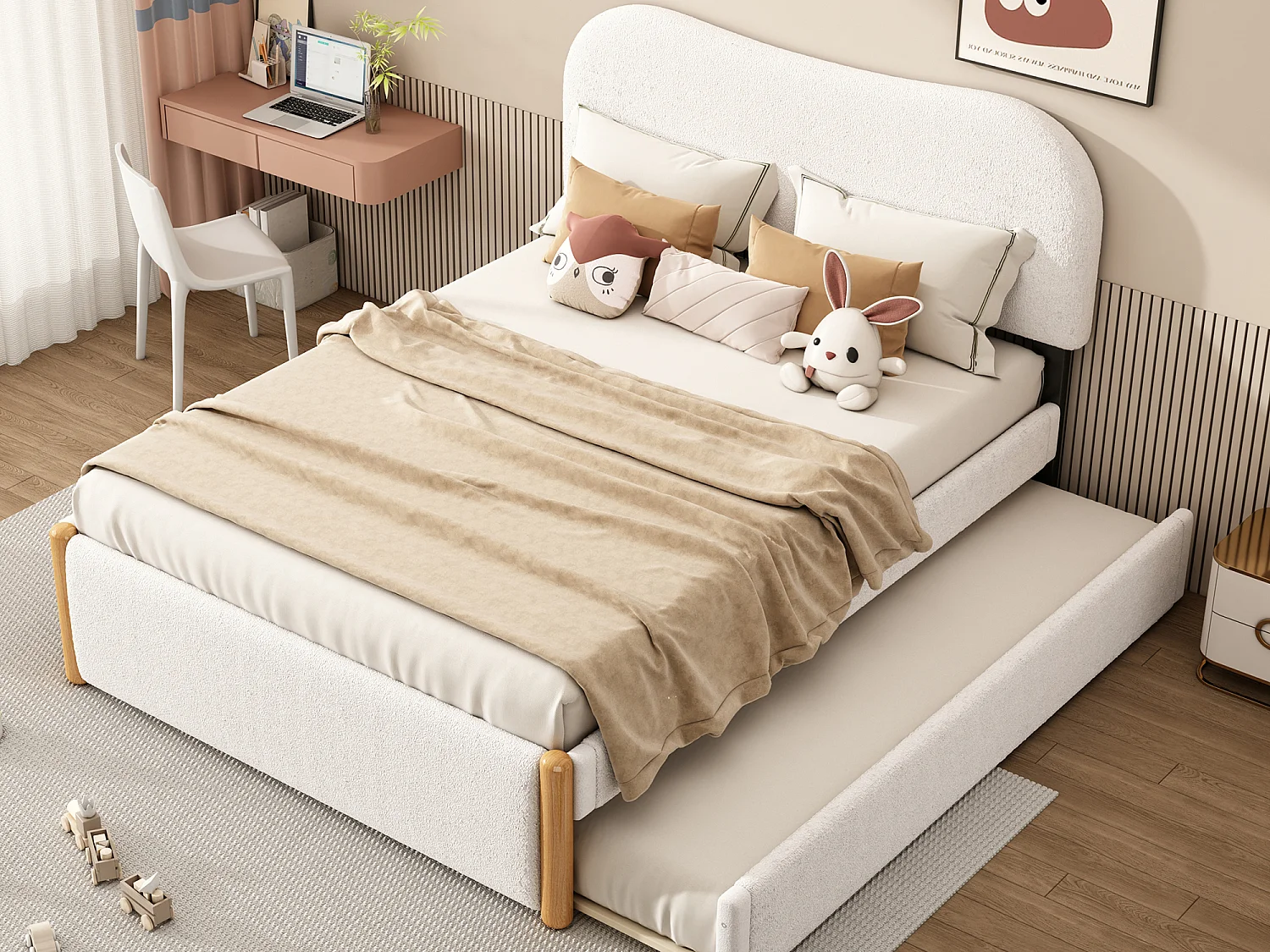 Letto estraibile 140 x 200 cm + 90 x 190 cm - stile moderno - tessuto felpato - rete a doghe - bianco