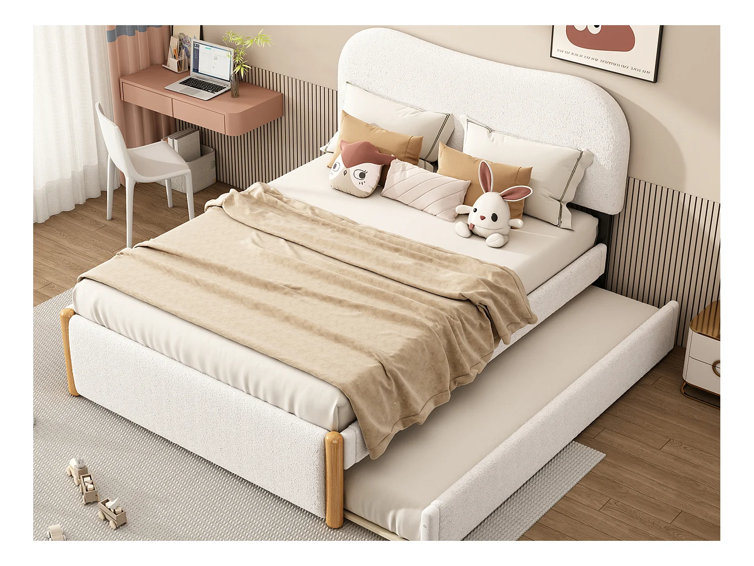 Ausziehbett 140 x 200 cm + 90 x 190 cm – moderner Stil – Plüschstoff – Lattenrost – weiß