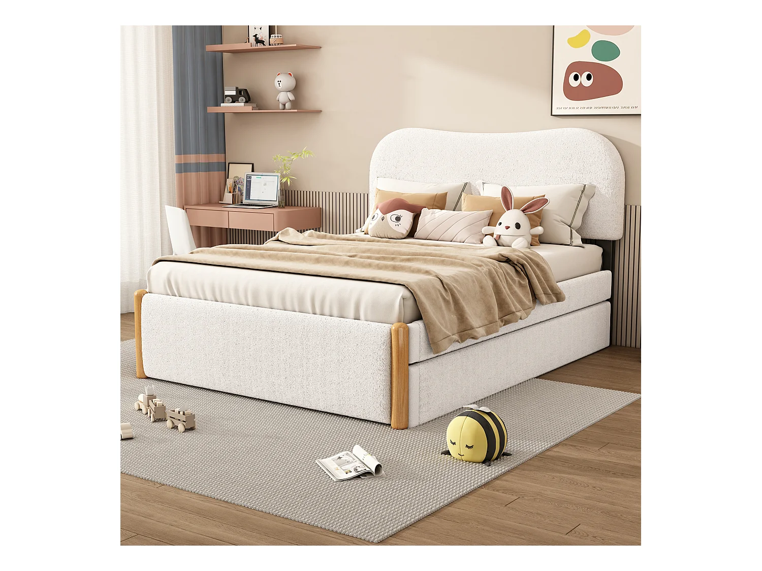 Lit gigogne 140 x 200 cm + 90 x 190 cm - style moderne - tissu en peluche - sommier à lattes - blanc
