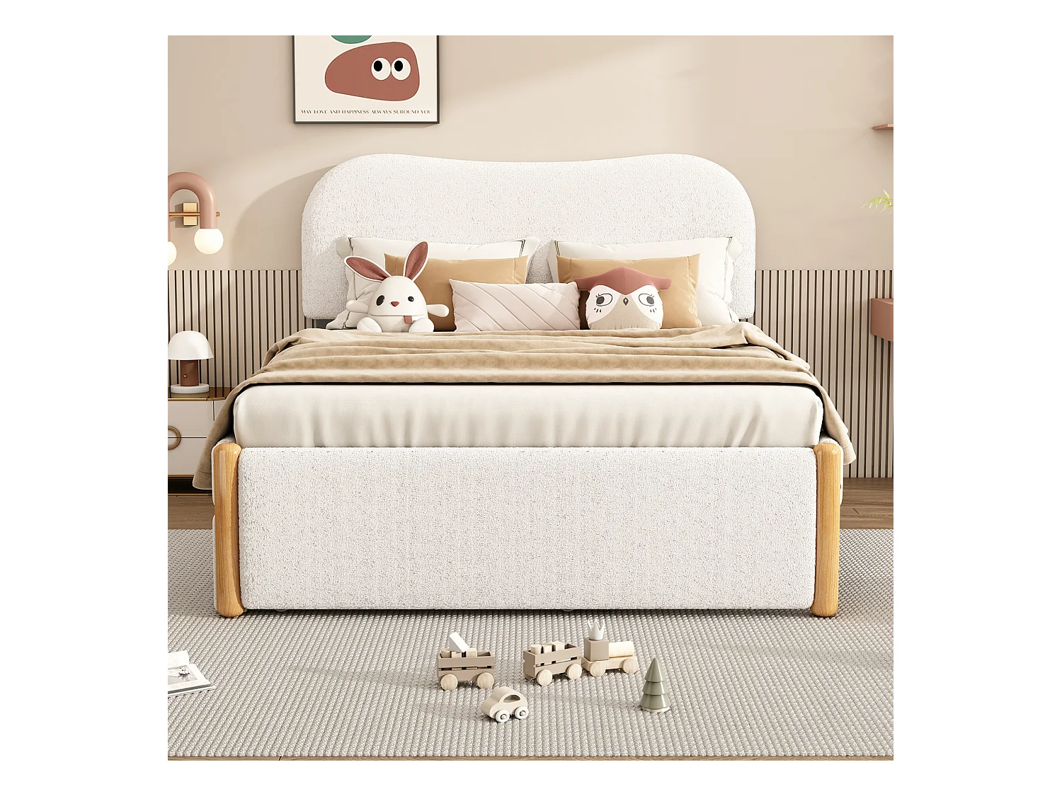 Lit gigogne 140 x 200 cm + 90 x 190 cm - style moderne - tissu en peluche - sommier à lattes - blanc