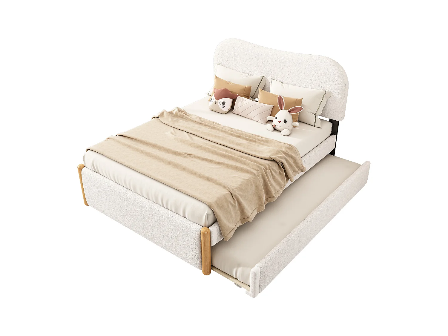 Lit gigogne 140 x 200 cm + 90 x 190 cm - style moderne - tissu en peluche - sommier à lattes - blanc