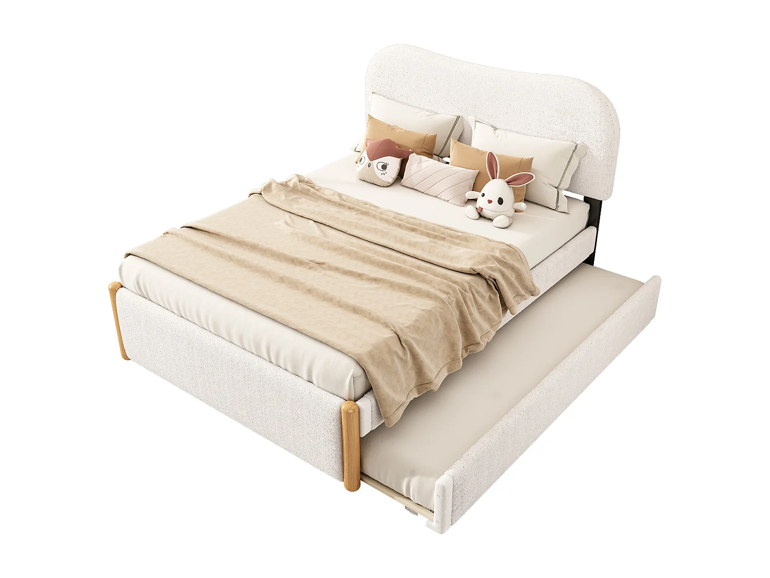 Lit gigogne 140 x 200 cm + 90 x 190 cm - style moderne - tissu en peluche - sommier à lattes - blanc