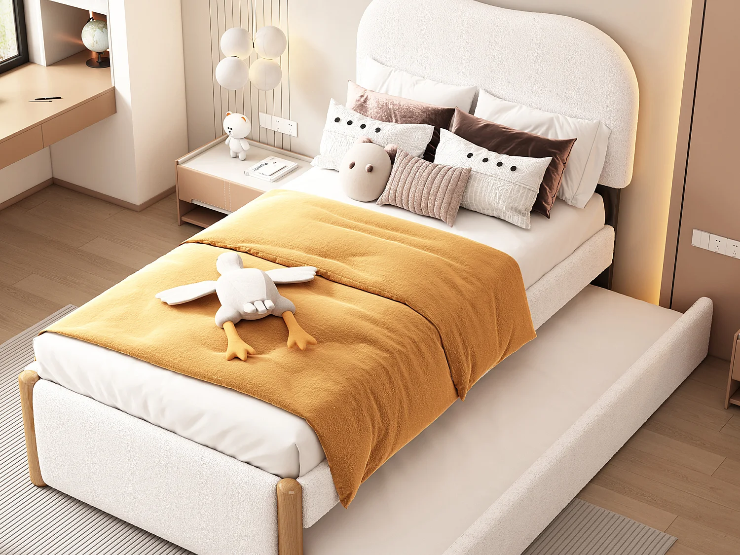 Onderschuifbed 90 x 200 cm + 90 x 190 cm - moderne stijl - pluche stof - lattenbodem - wit