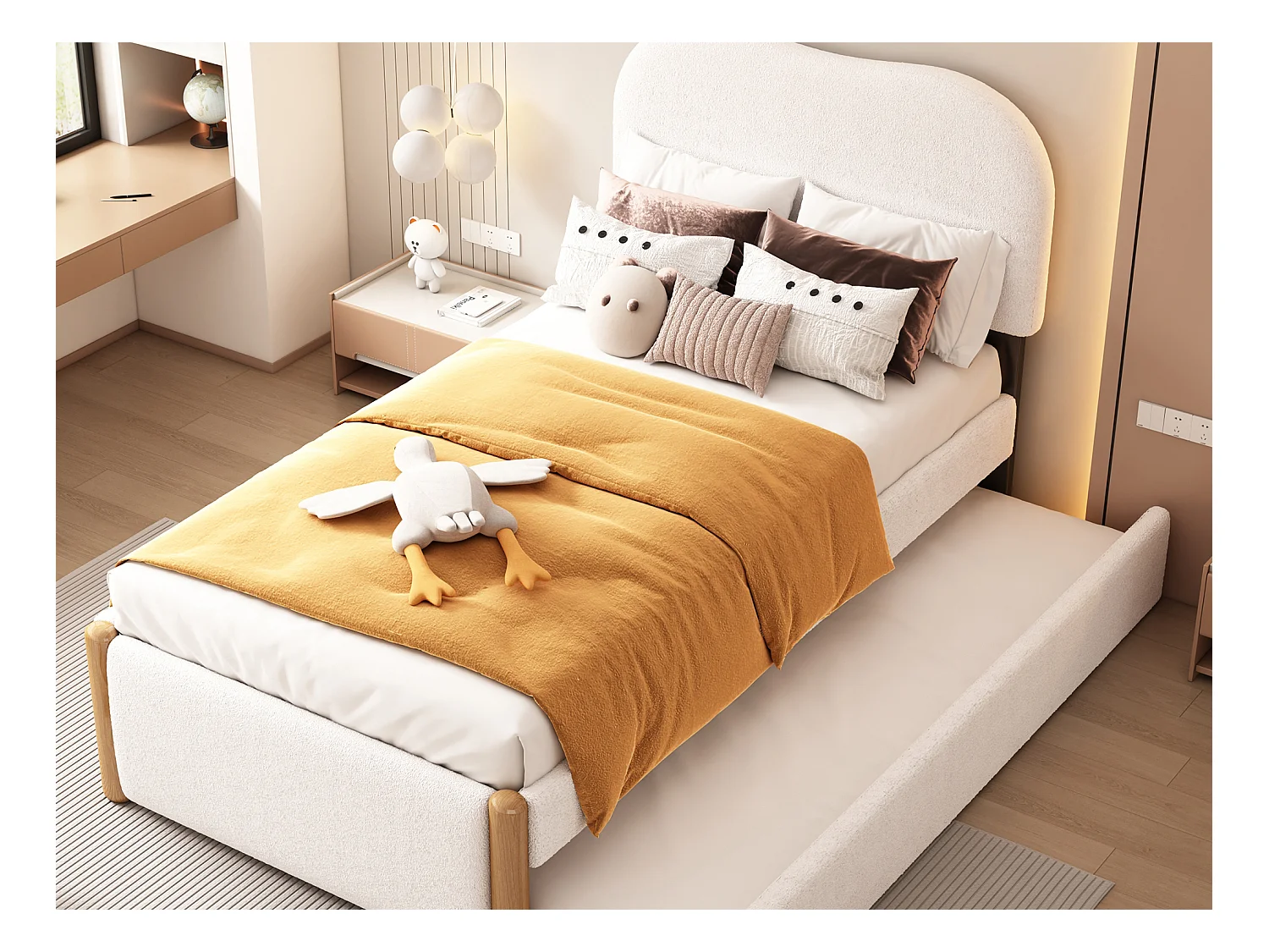 Lit gigogne 90 x 200 cm + 90 x 190 cm - style moderne - tissu en peluche - sommier à lattes - blanc