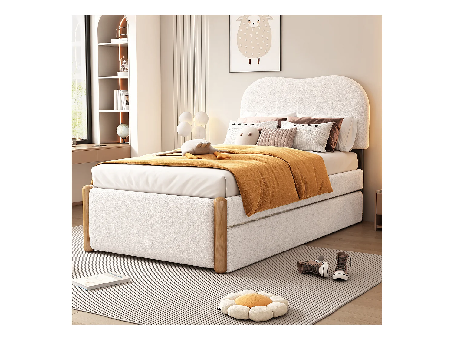 Onderschuifbed 90 x 200 cm + 90 x 190 cm - moderne stijl - pluche stof - lattenbodem - wit