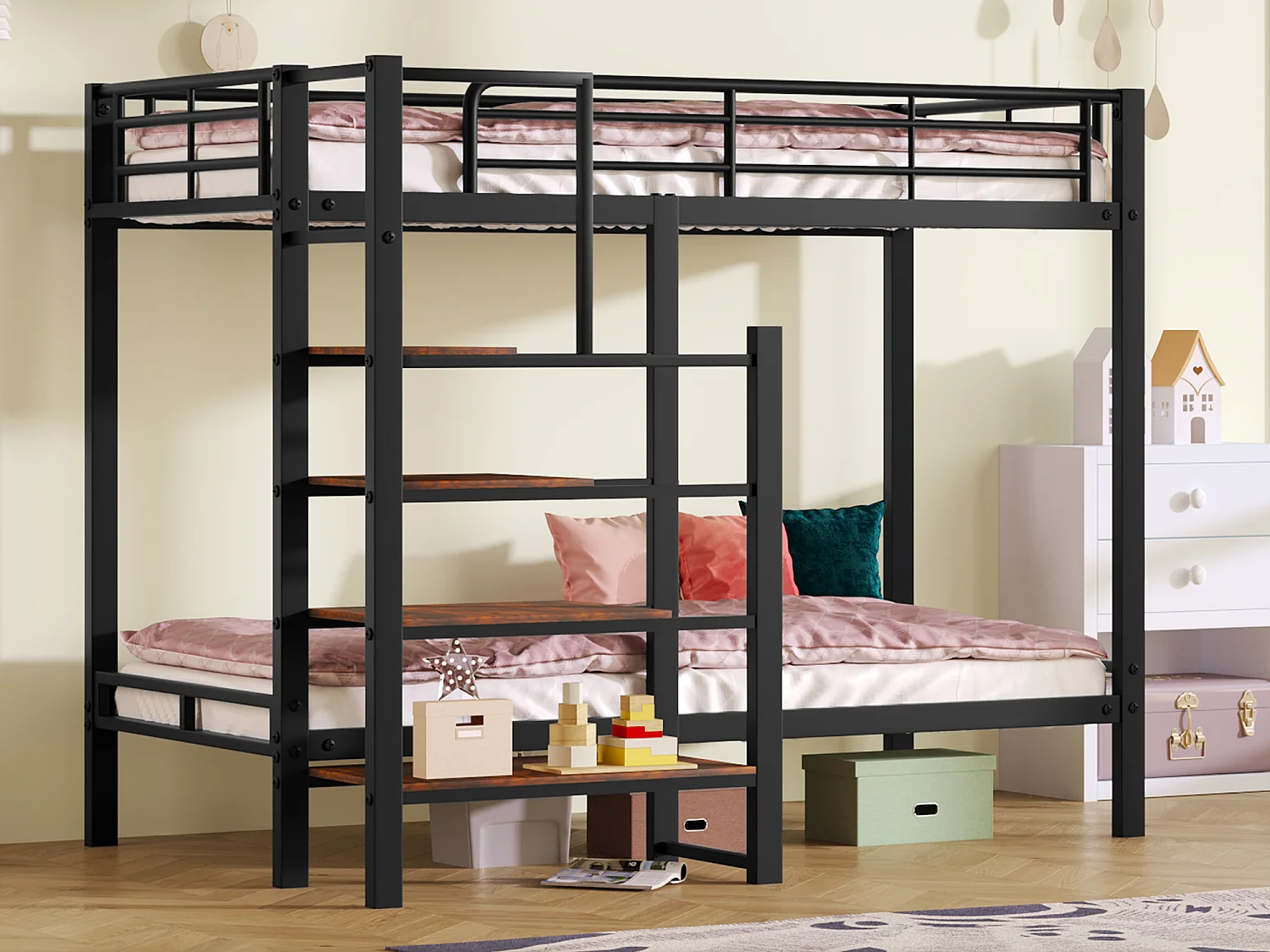 Stapelbedden 2 x 90 x 200 in metaal - planken en trappen - lattenbodem - zwart