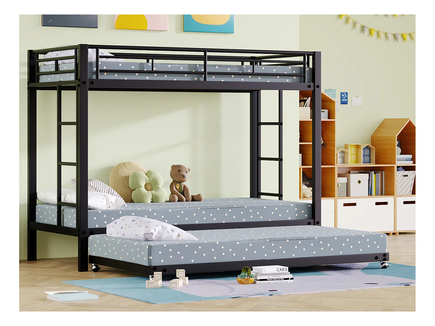 Etagenbetten 2 x 90 x 200 + Ausziehbett 90 x 190 – Metall – Lattenrost – Schwarz
