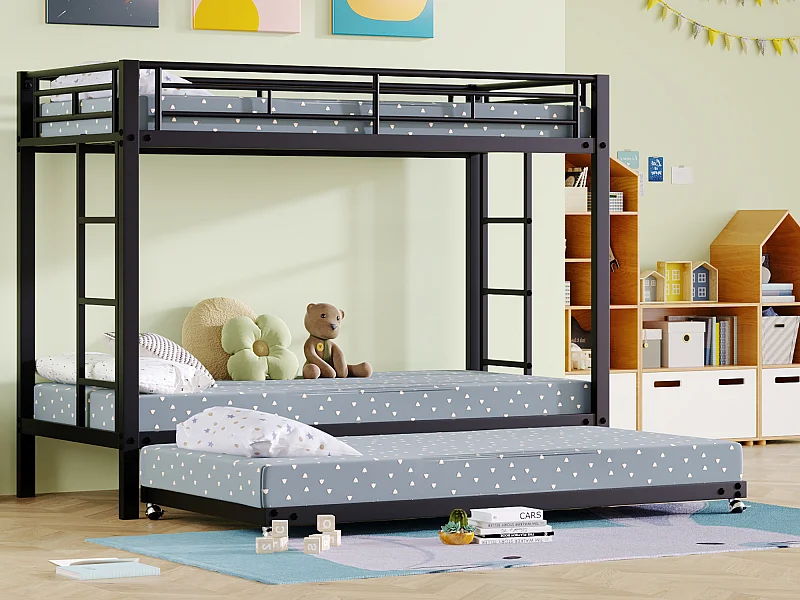 Stapelbedden 2 x 90 x 200 + onderschuifbed 90 x 190 - Metaal - Lattenbodem - Zwart