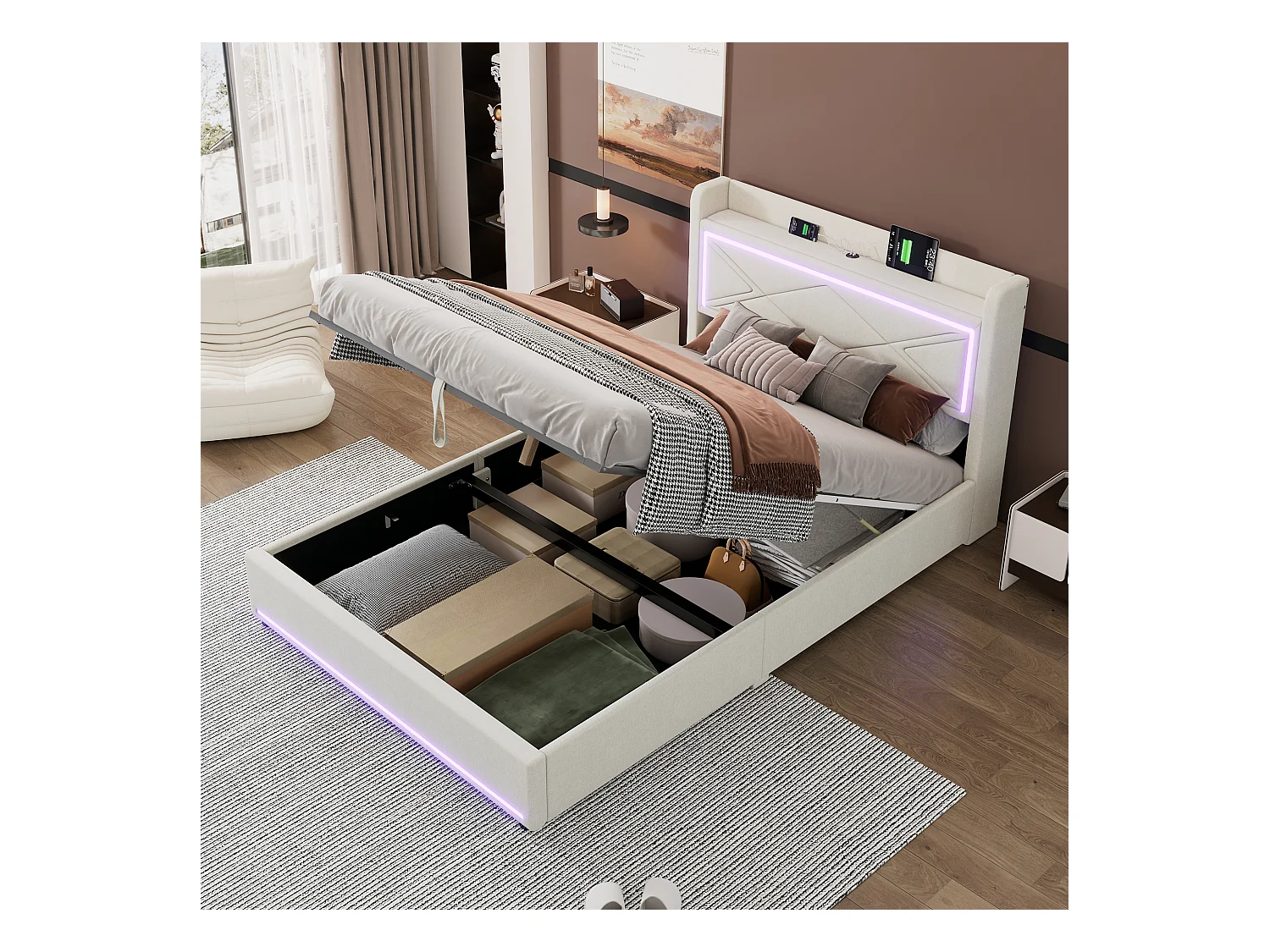 Opbergbed 140 x 200 cm met hoofdeinde - LED's en USB-poort - Linnenstof - Eigentijdse stijl - Beige