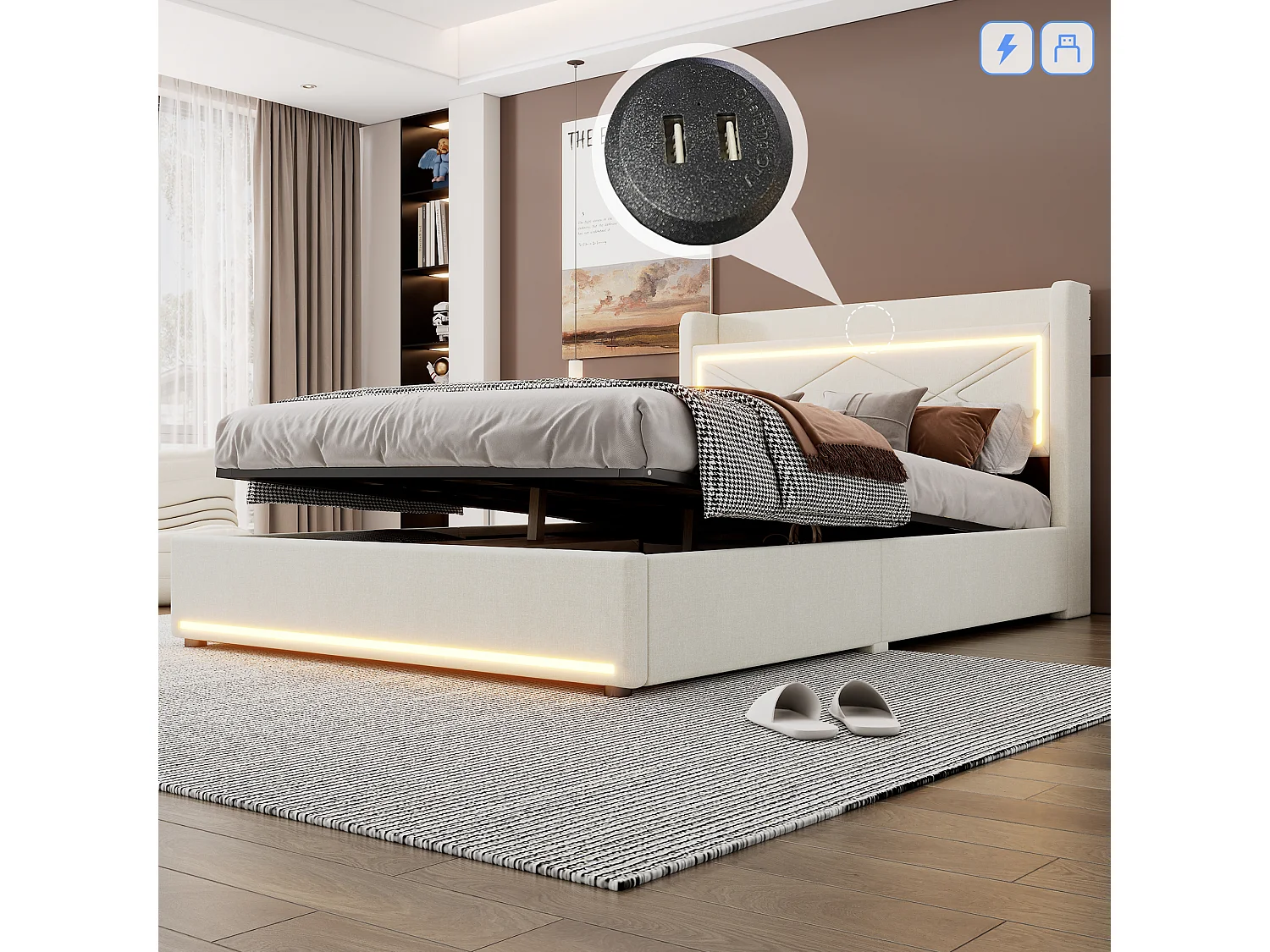 Opbergbed 140 x 200 cm met hoofdeinde - LED's en USB-poort - Linnenstof - Eigentijdse stijl - Beige
