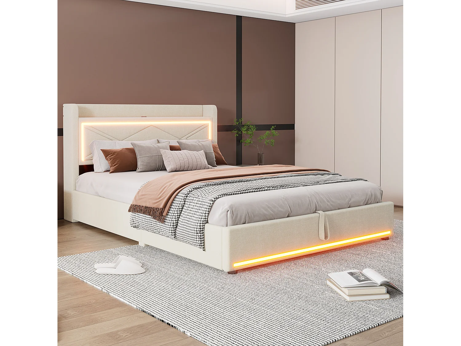 Opbergbed 140 x 200 cm met hoofdeinde - LED's en USB-poort - Linnenstof - Eigentijdse stijl - Beige