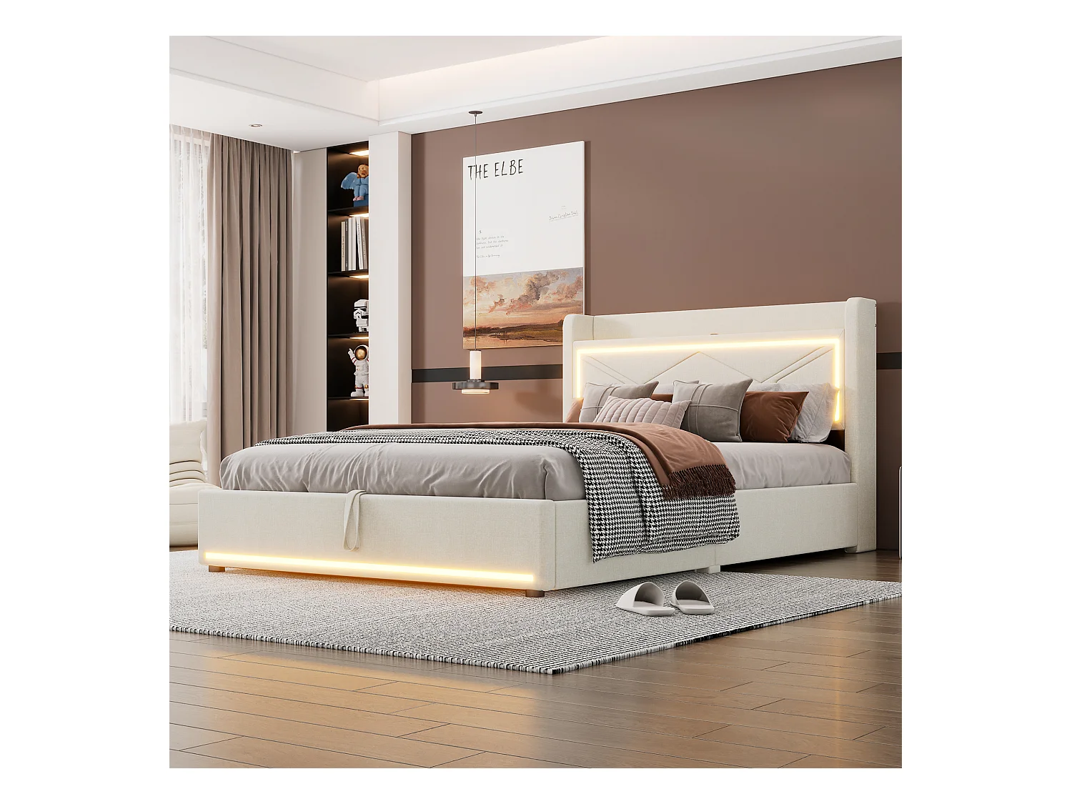 Opbergbed 140 x 200 cm met hoofdeinde - LED's en USB-poort - Linnenstof - Eigentijdse stijl - Beige