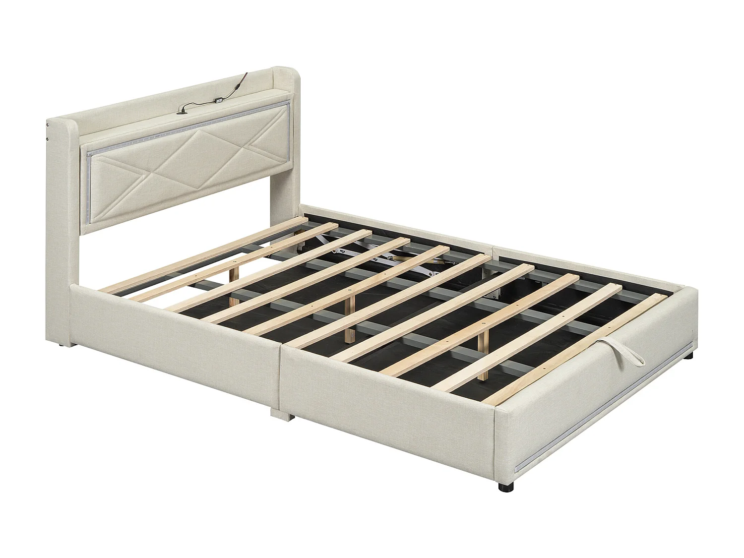 Opbergbed 140 x 200 cm met hoofdeinde - LED's en USB-poort - Linnenstof - Eigentijdse stijl - Beige