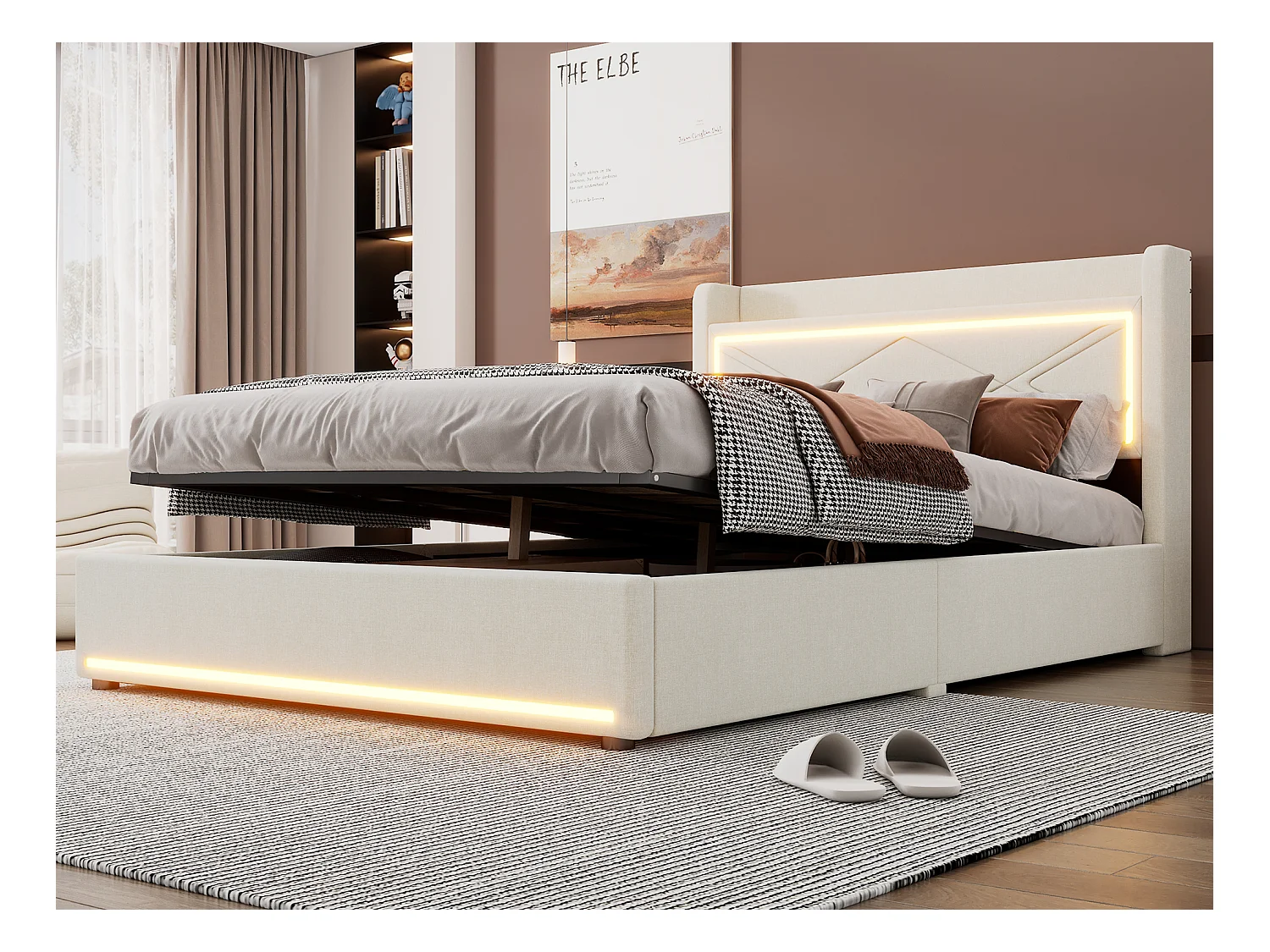 Opbergbed 140 x 200 cm met hoofdeinde - LED's en USB-poort - Linnenstof - Eigentijdse stijl - Beige