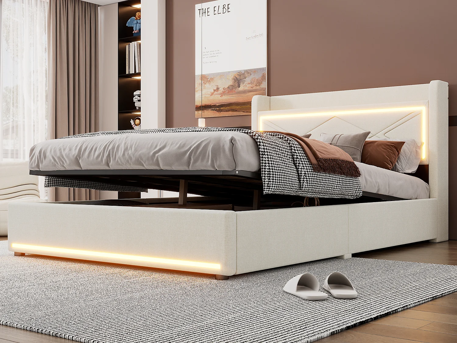 Lit coffre 140 x 200 cm avec tête de lit - LEDs et port USB - Tissu en lin - Style contemporain - Beige