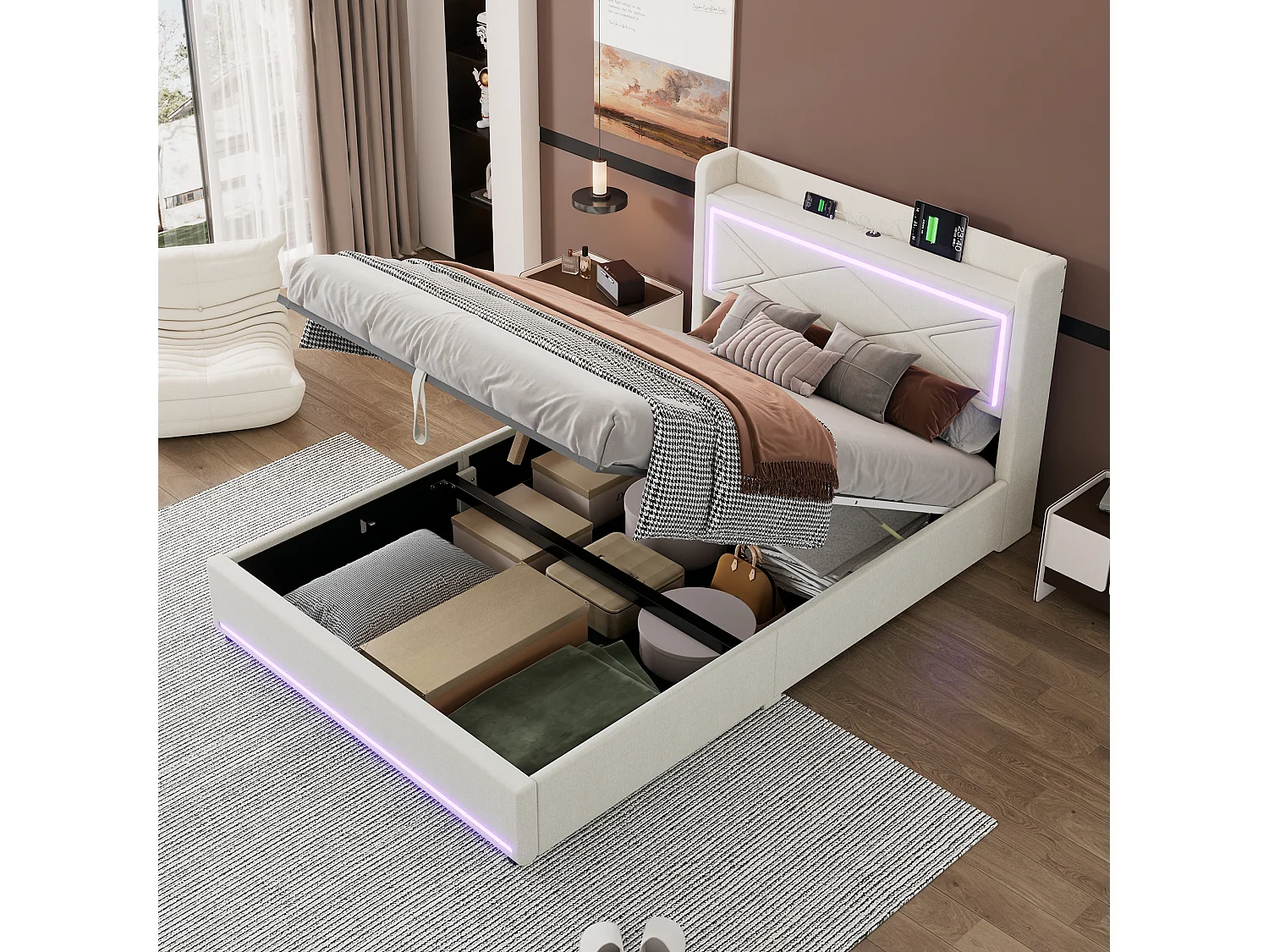 Lit coffre 140 x 200 cm avec tête de lit - LEDs et port USB - Tissu en lin - Style contemporain - Beige