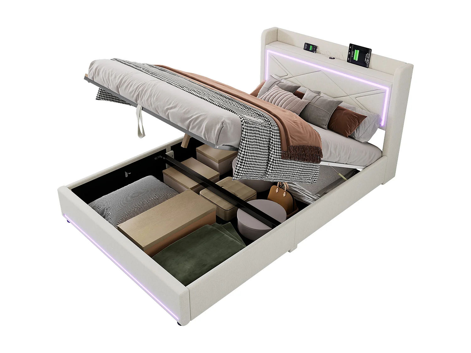 Lit coffre 140 x 200 cm avec tête de lit - LEDs et port USB - Tissu en lin - Style contemporain - Beige