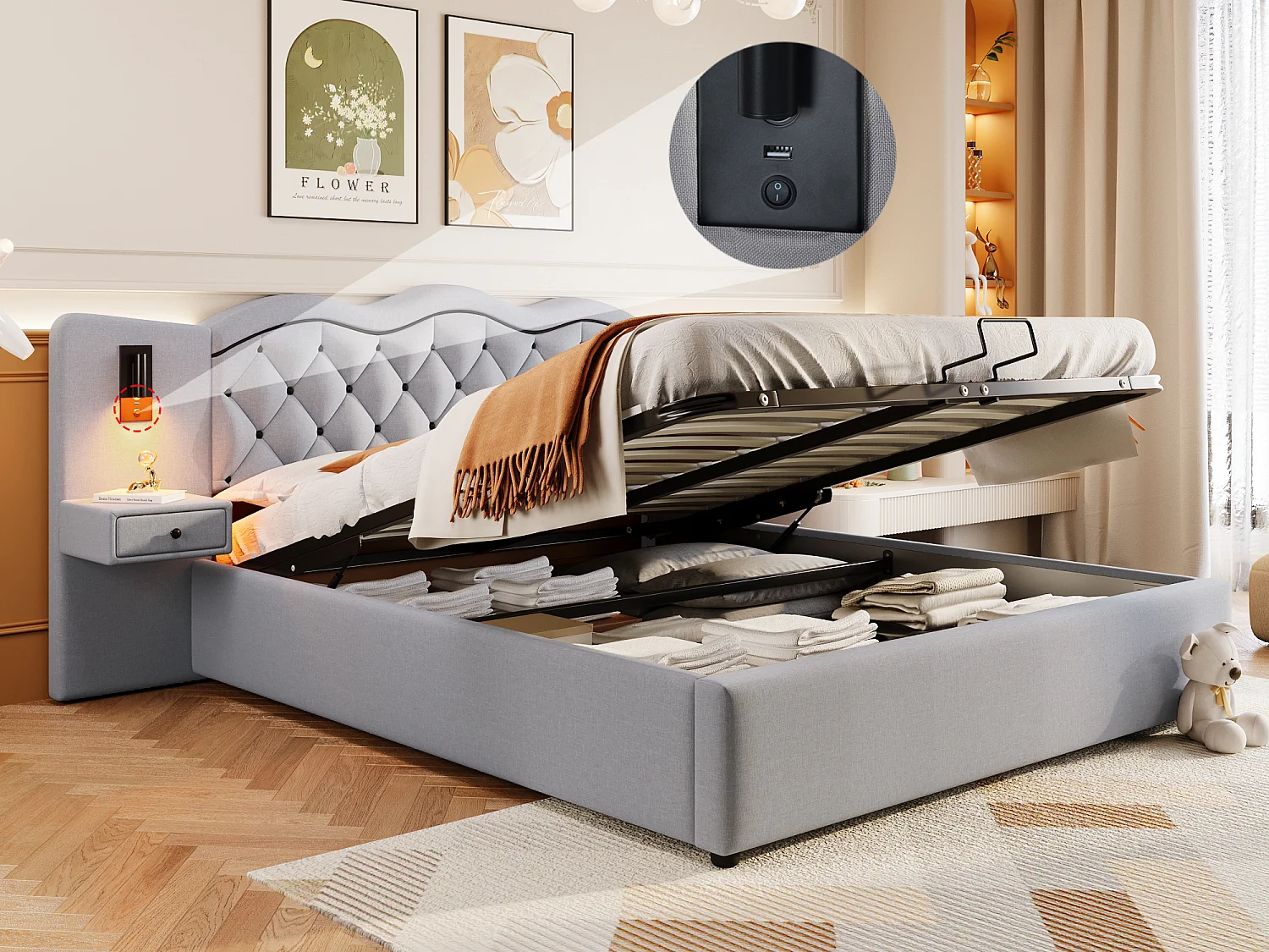Lit coffre moderne 180 x 200 cm  - 2 table de chevets, 2 lampes de chevet et USB - Tissu lin - Gris