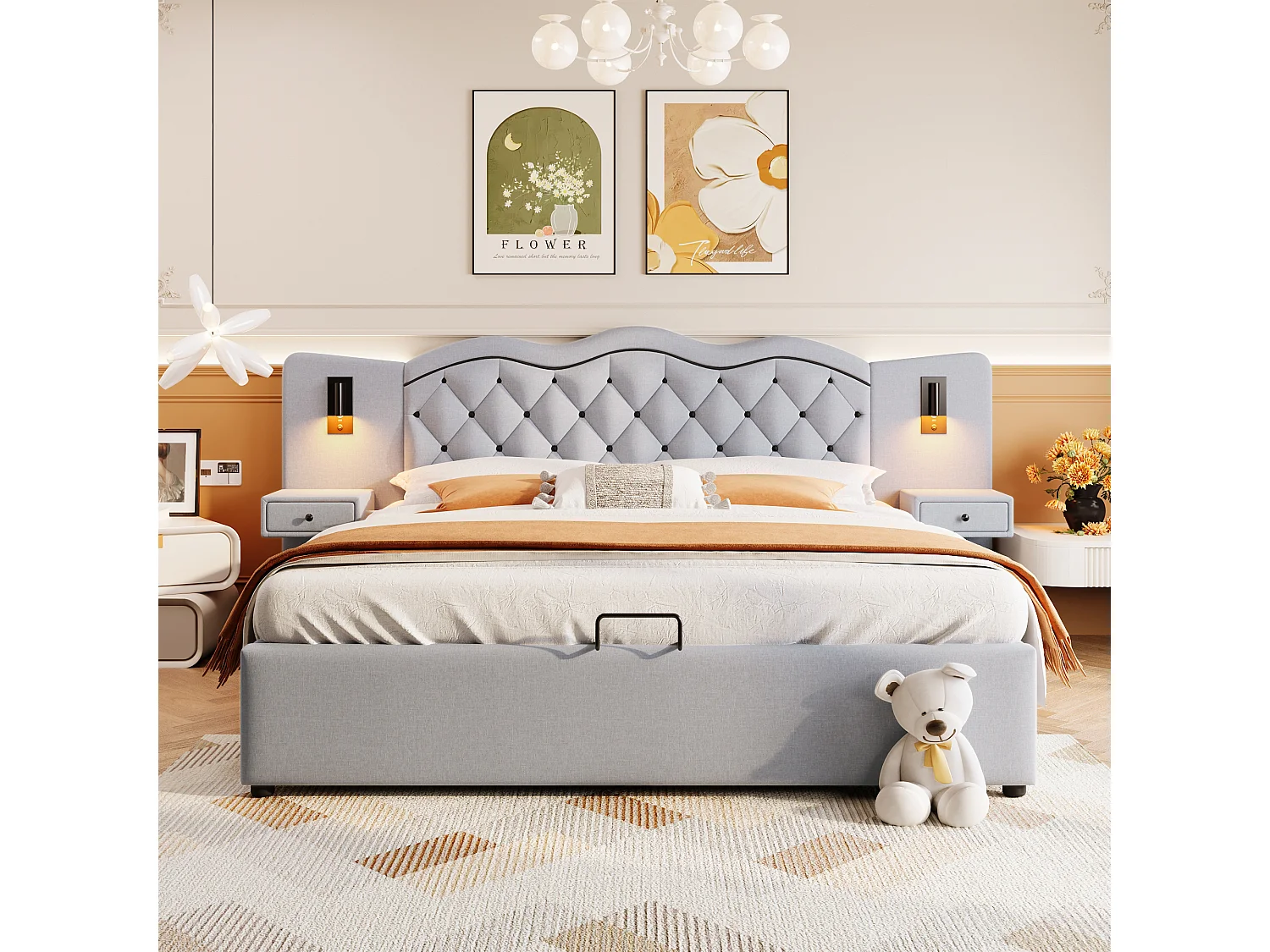 Lit coffre moderne 180 x 200 cm  - 2 table de chevets, 2 lampes de chevet et USB - Tissu lin - Gris