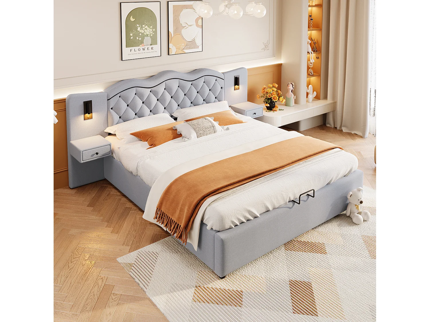 Lit coffre moderne 180 x 200 cm  - 2 table de chevets, 2 lampes de chevet et USB - Tissu lin - Gris