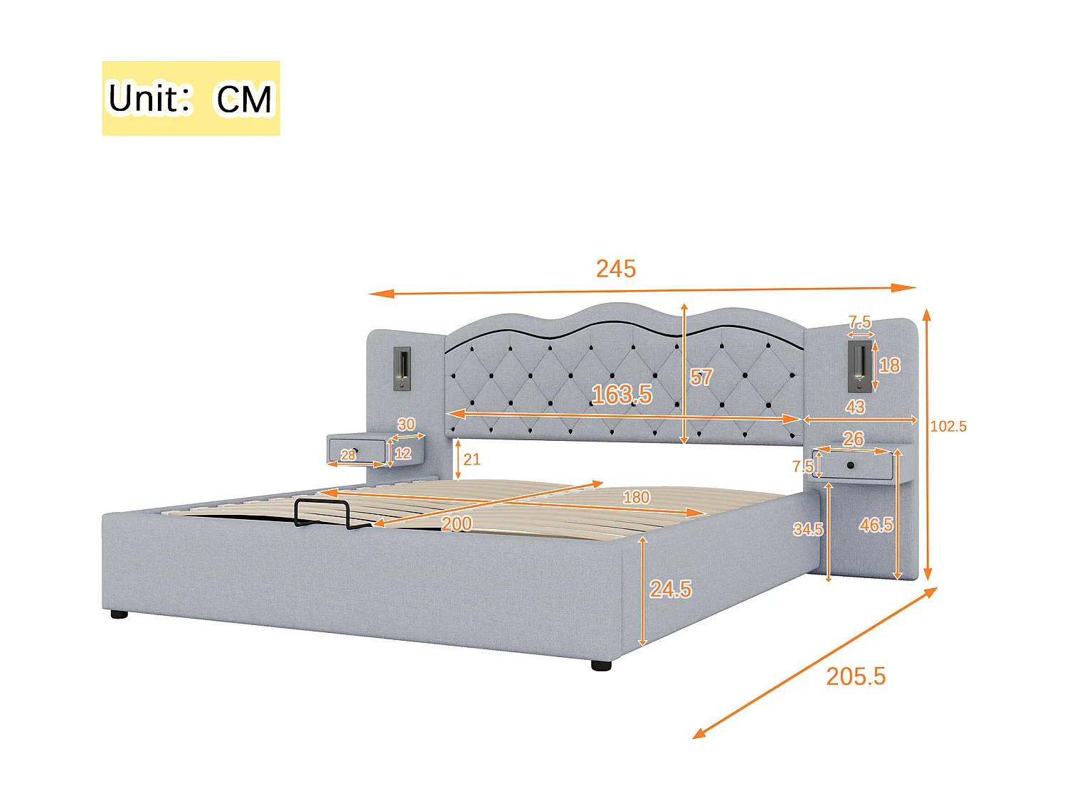 Lit coffre moderne 180 x 200 cm  - 2 table de chevets, 2 lampes de chevet et USB - Tissu lin - Gris