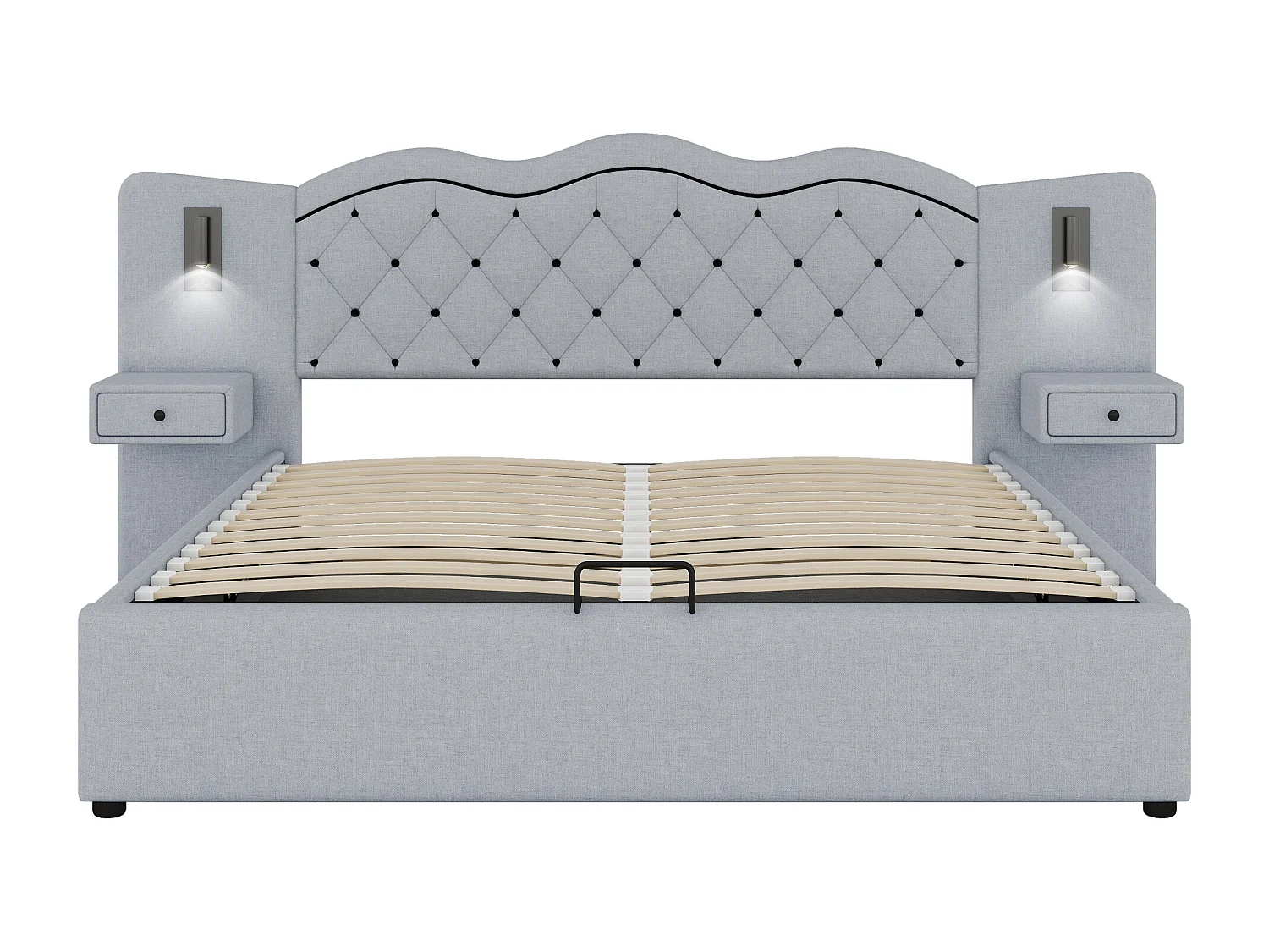 Lit coffre moderne 180 x 200 cm  - 2 table de chevets, 2 lampes de chevet et USB - Tissu lin - Gris