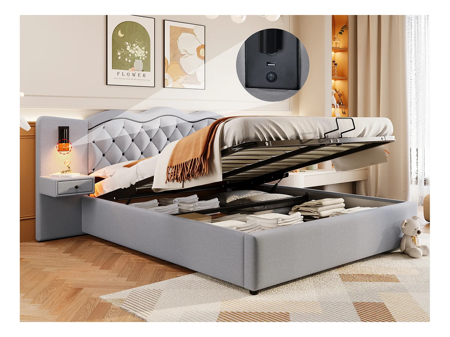 Lit coffre moderne 180 x 200 cm  - 2 table de chevets, 2 lampes de chevet et USB - Tissu lin - Gris